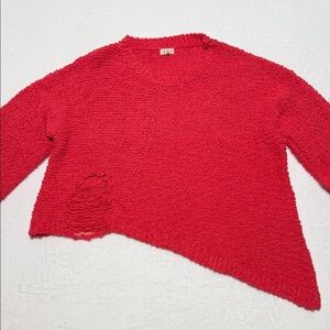 POL Coral Asymmetric Cropped Distressed Knit Sweater